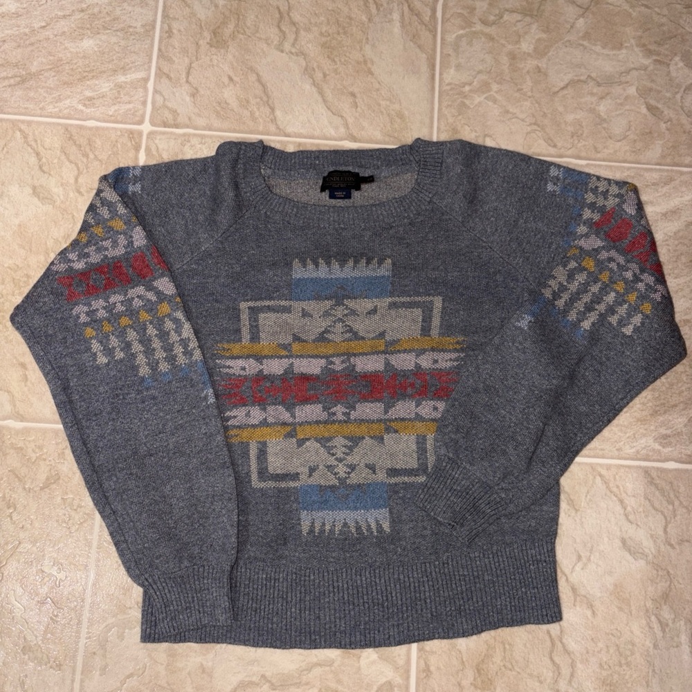 Pendleton Gray Crewneck Sweater with Red, Blue and Yellow Aztec Motif